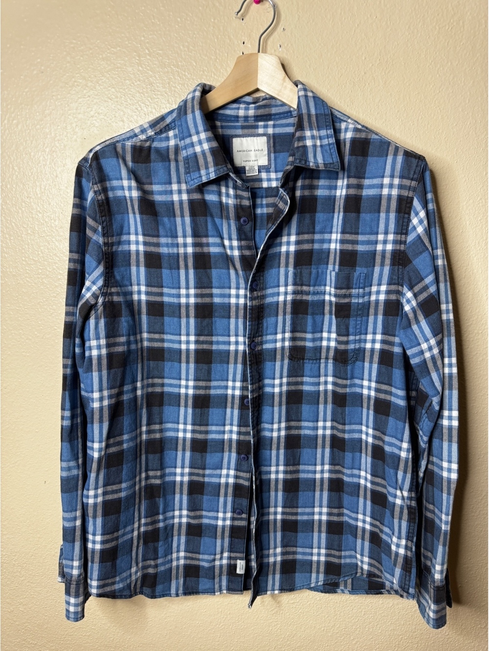 NWT American Eagle Men’s Super Soft Blue Plaid Button Down Shirt Size L